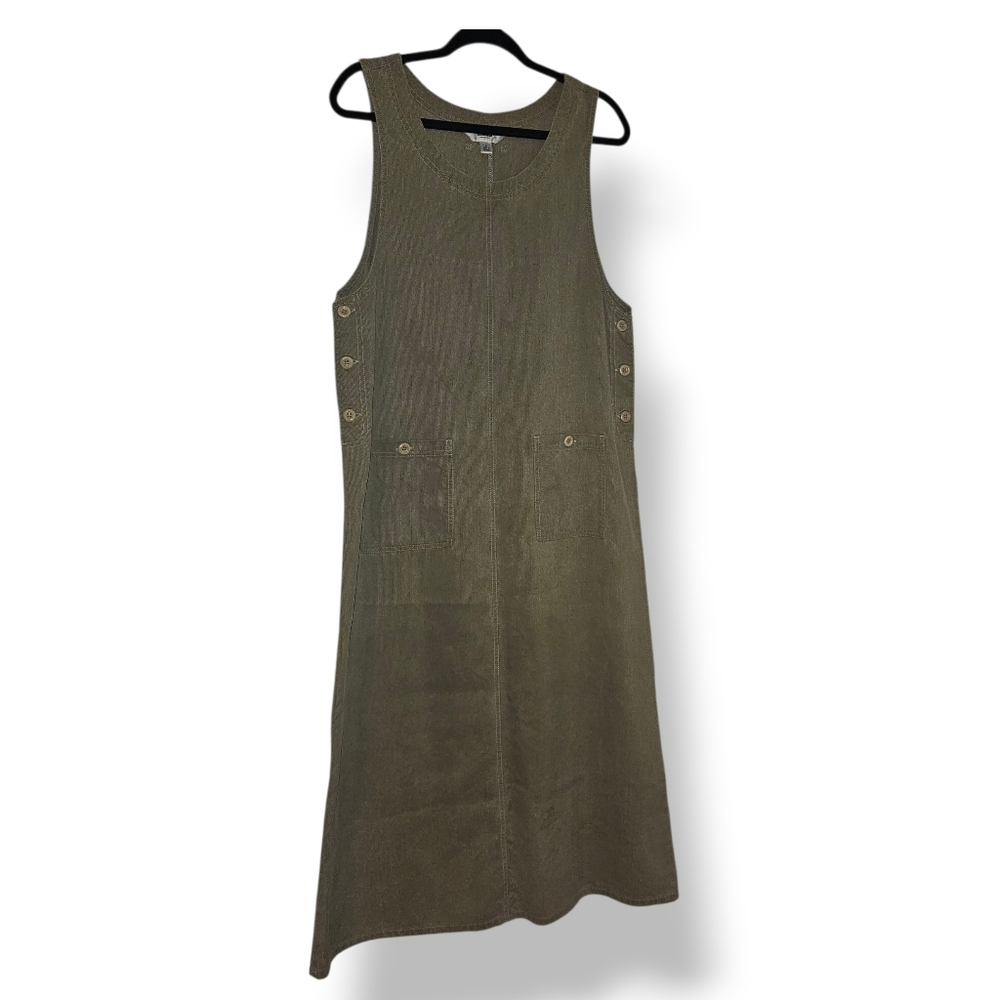 Amy K Su AKS Tencel Pinafore Jumper Maxi Buttoned Pockets Green Dress L